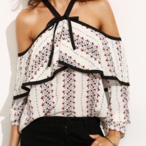 Contrast Binding Halter Frill Print Blouse